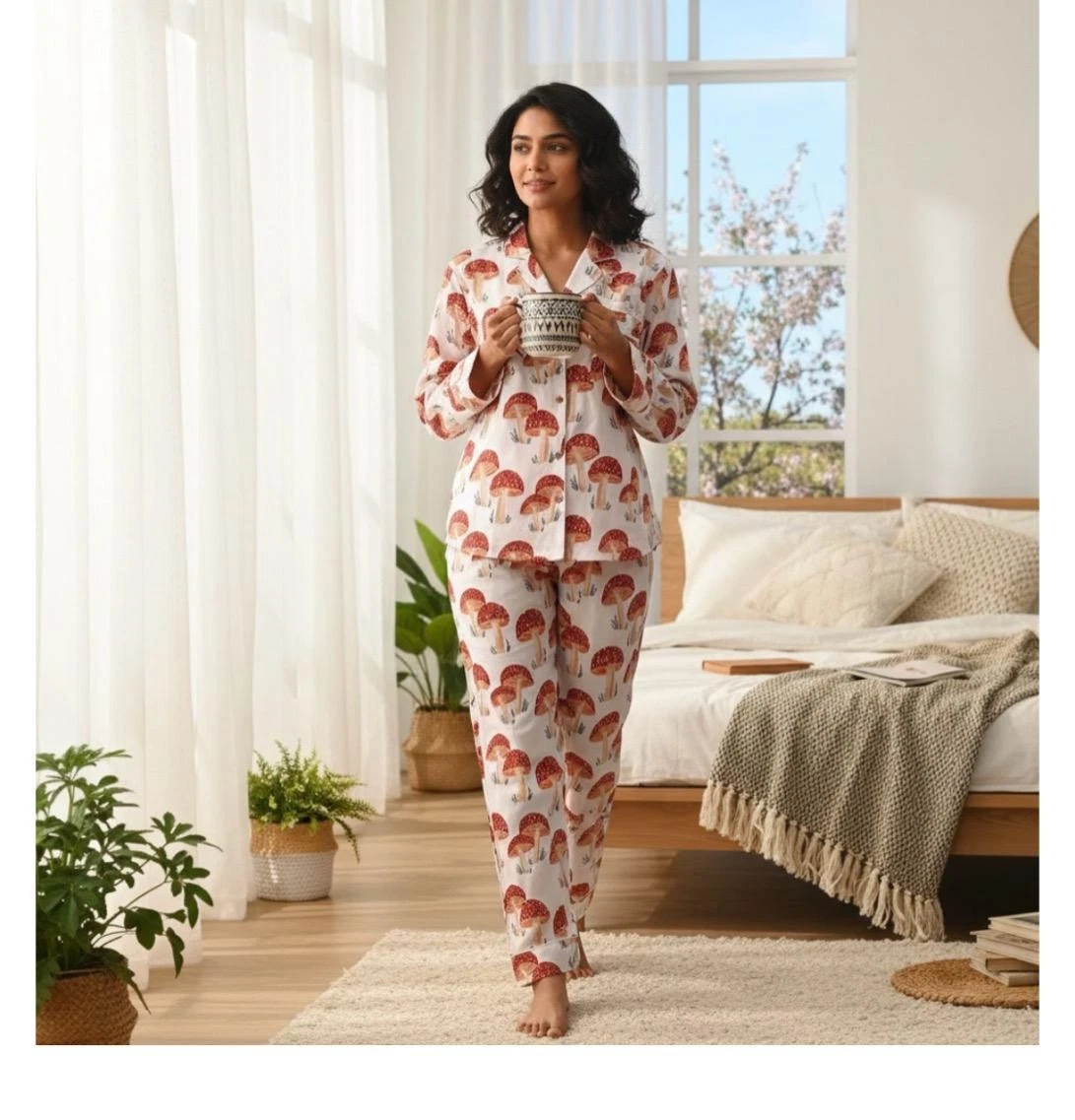 Women’s Cotton Pajama Set Hand Block Mushroom Indian Sleepwear Lounge Nightwear
Opens in a new windo