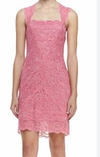 NICOLE MILLER ~ Pink Lace Square Neck Cutout Back Sheath Party Dress L NEW $430
