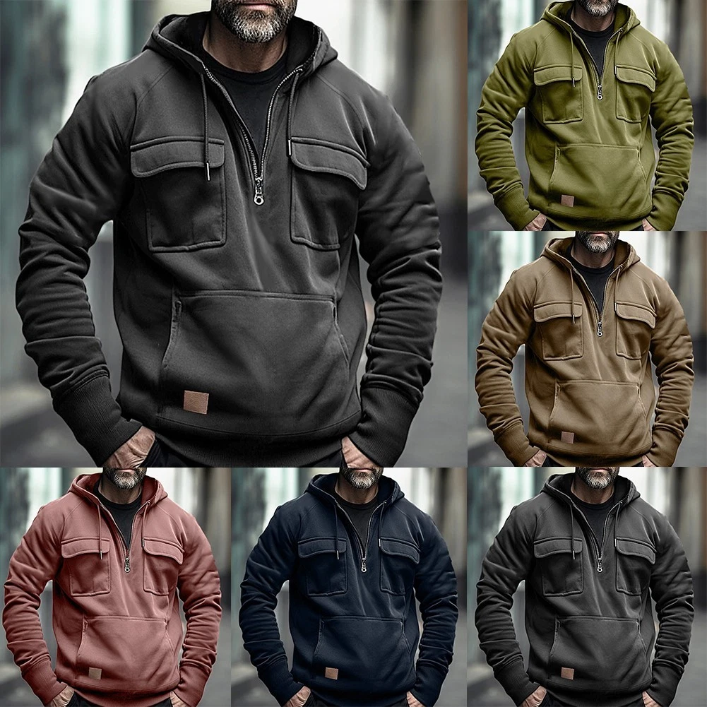 SACAI Felpa con cappuccio mezza zip uomo manica lunga sportiva con pratica tasca