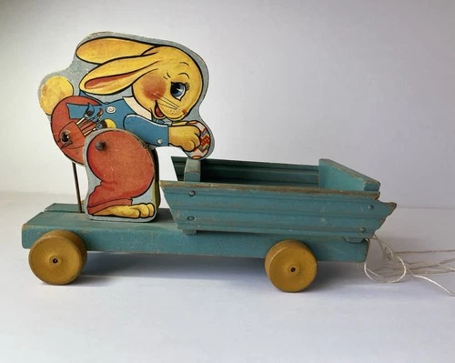 Vintage Fisher Price Busy Bunny Cart Wooden Pull Toy 1949-1955 NICE!