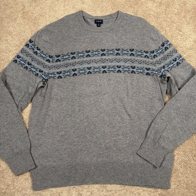 J Crew Sweater Mens XL Gray Blue Fair Isle Lambswool Blend Hiking Outdoors Ski