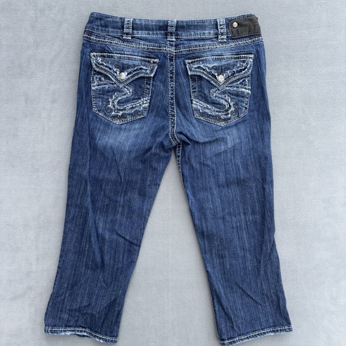 Silver Jeans Womens 31 Blue Denim Suki Flap Capri Embroidered Mid Rise Western - Afbeelding 14 van 21