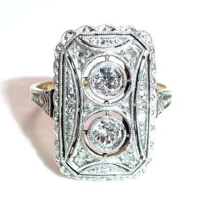 Ring Antik 585 Gold Weißgold & GG 0.56 ct Diamanten Gr 58 Art Deco Rechteckig - Bild 1 von 4