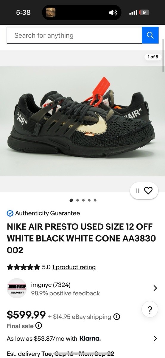 Nike Air Presto Size Men's All Black 191885816043|