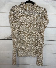 Dolan Long Sleeve Top Sz L Sheer Beige White Lace High Neck Ruffled Boho Chic