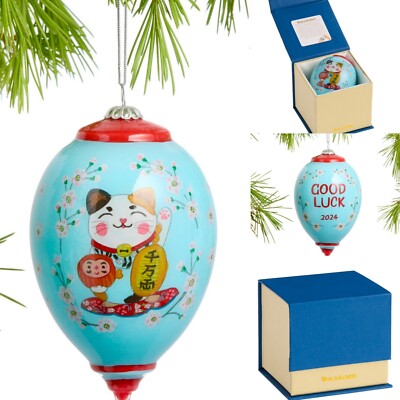 Li Bien LUCKY CAT 2024 Glass Teardrop Christmas Ornament GOOD LUCK New RARE NIB