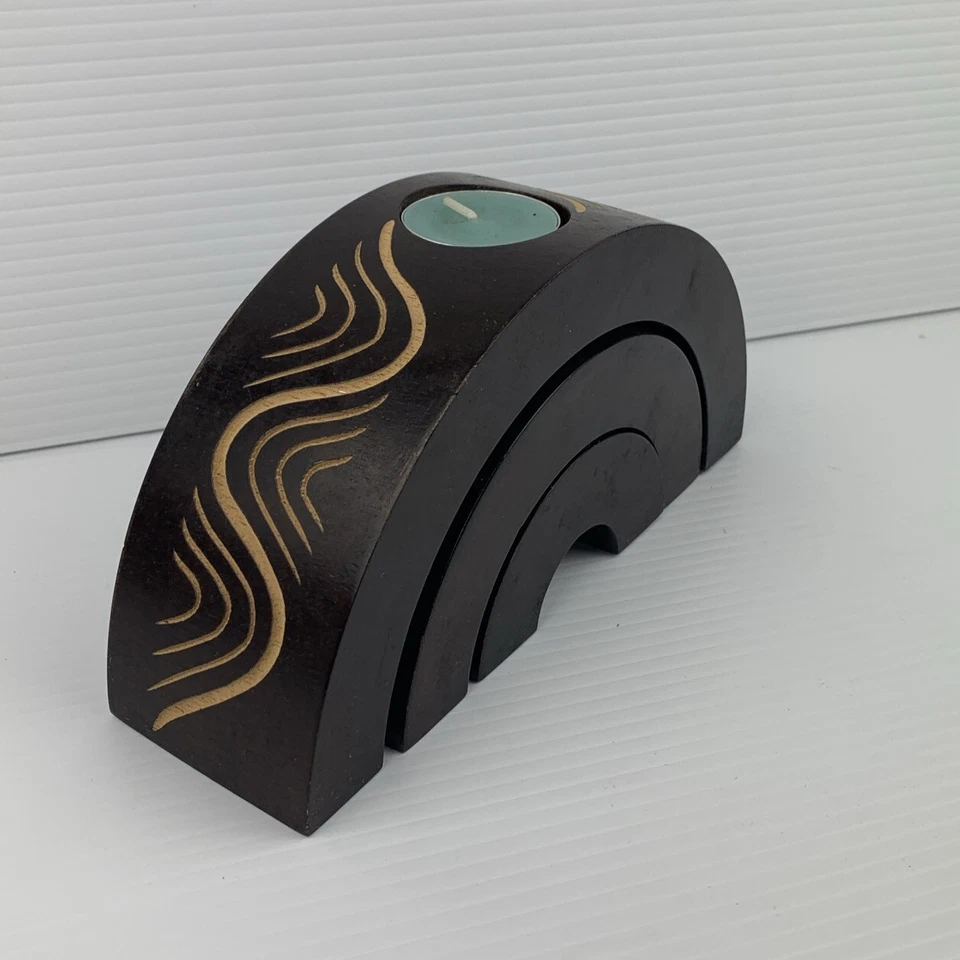 Solid Wood Designed & Decorated Candle Holder + Candles 3 Piece NEW-Never Used Foto 4 de 4