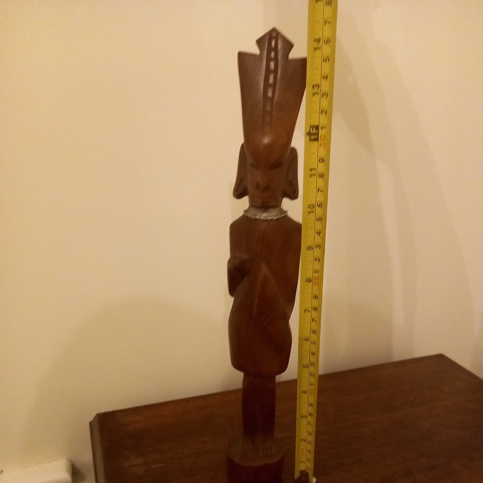 Vintage Wood Carved African Tribal Statue Figure Warrior Metal Neck