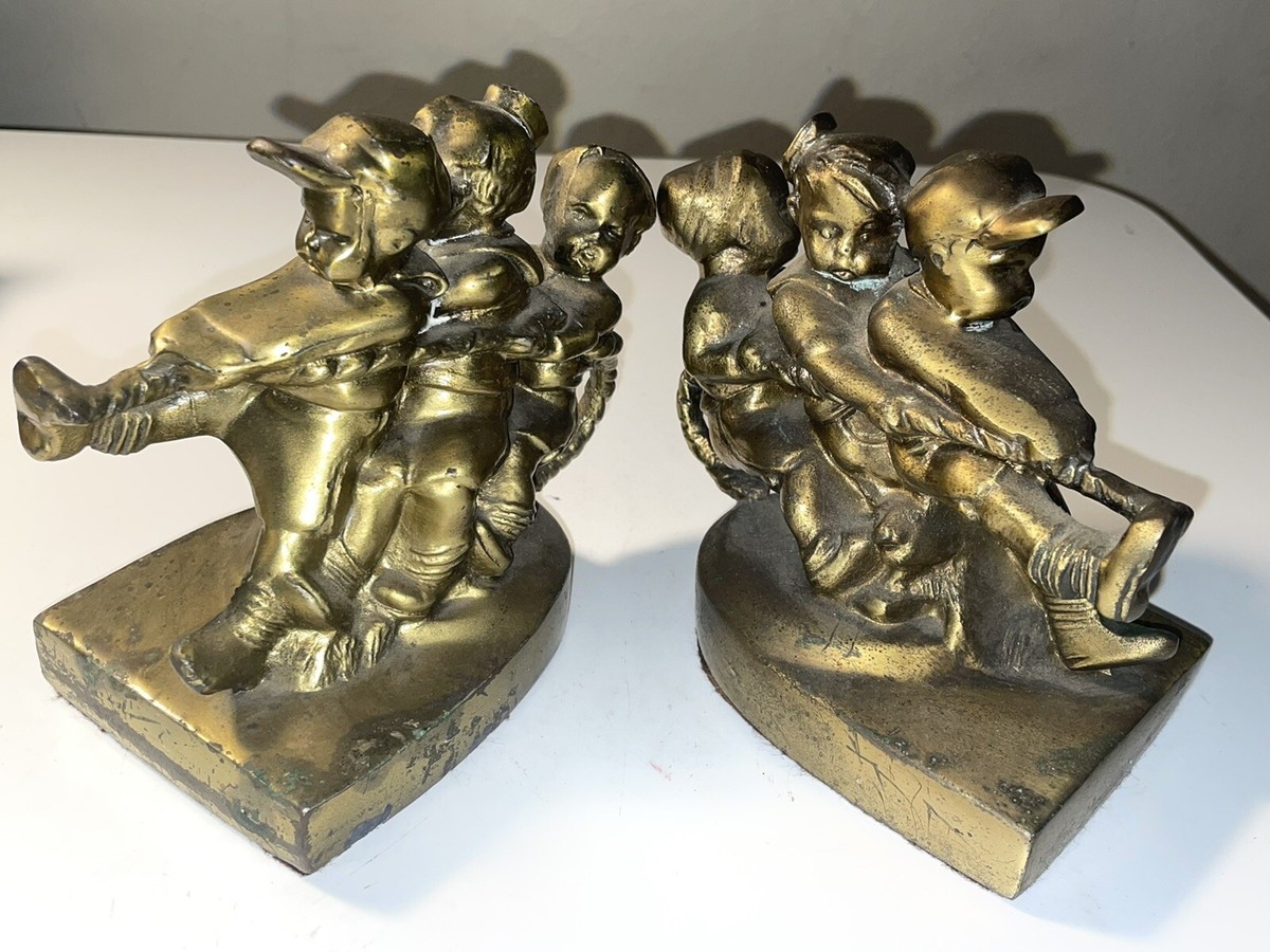 Vintage PM Craftsman Bookends Brass Children “Tug Of War
