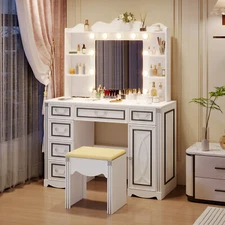 Vanity Desk with Large Mirror and Lights, Makeup Vanity Set with Storage Stool