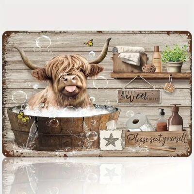 Blechschild Kuh im Badezimmer Rind Badewanne 30x20cm Vintage TEL721