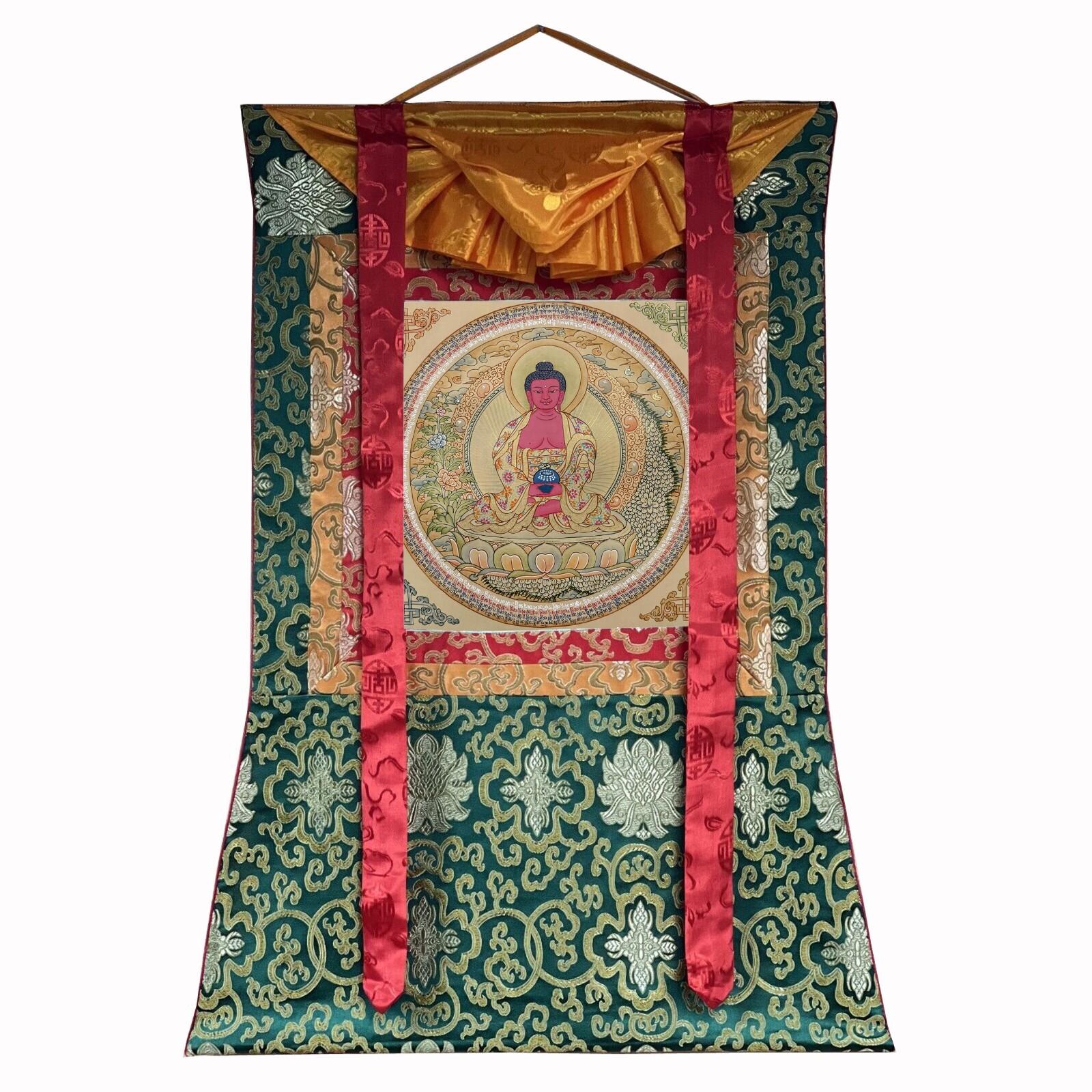 Silk Brocade Amitabha Buddha Mantra Mandala Thangka Art Piece