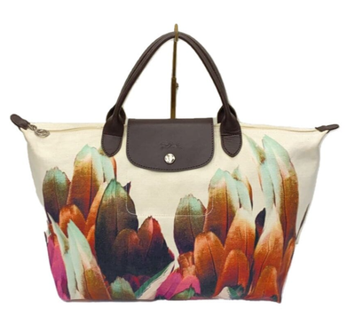 Longchamp Feather Print Canvas Tote Bag M Size Authentic Rare