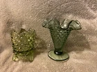 VTG Fenton Green Hobnail 4" Double Crimped Footed Vase and 3" Toothpick Holder