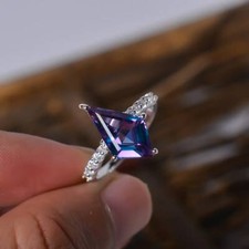 Lab alexandrite ring kite cut June birthstone sterling silver engagement ring