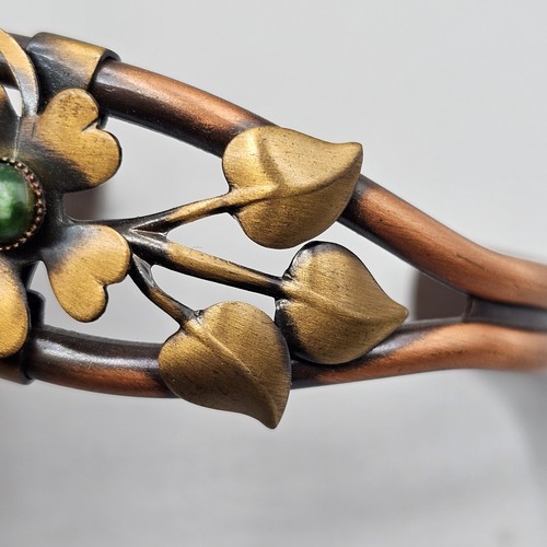 "Bracciale Polsino Rame Lavoro Aperto Motivo Foglia Fiore Verde Pietra Centro 6,25" - Foto 4 di 9