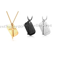 Mens Bible Prayer Cross Dog Tag Pendant Stainless Steel Rolo Chain Necklace 24in