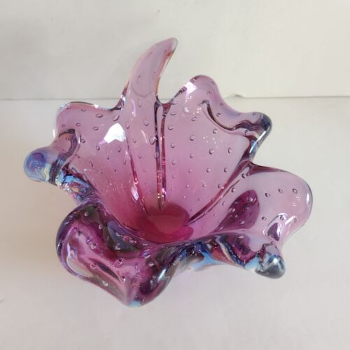 Vtg Murano Art Glass Bullicante Controlled Bubbles Purple Amethyst Flower Bowl - Picture 2 of 10