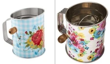 Pioneer Woman Crank Flour Sifter & Pastry Cutter Stainless Steel Floral 3 Cups