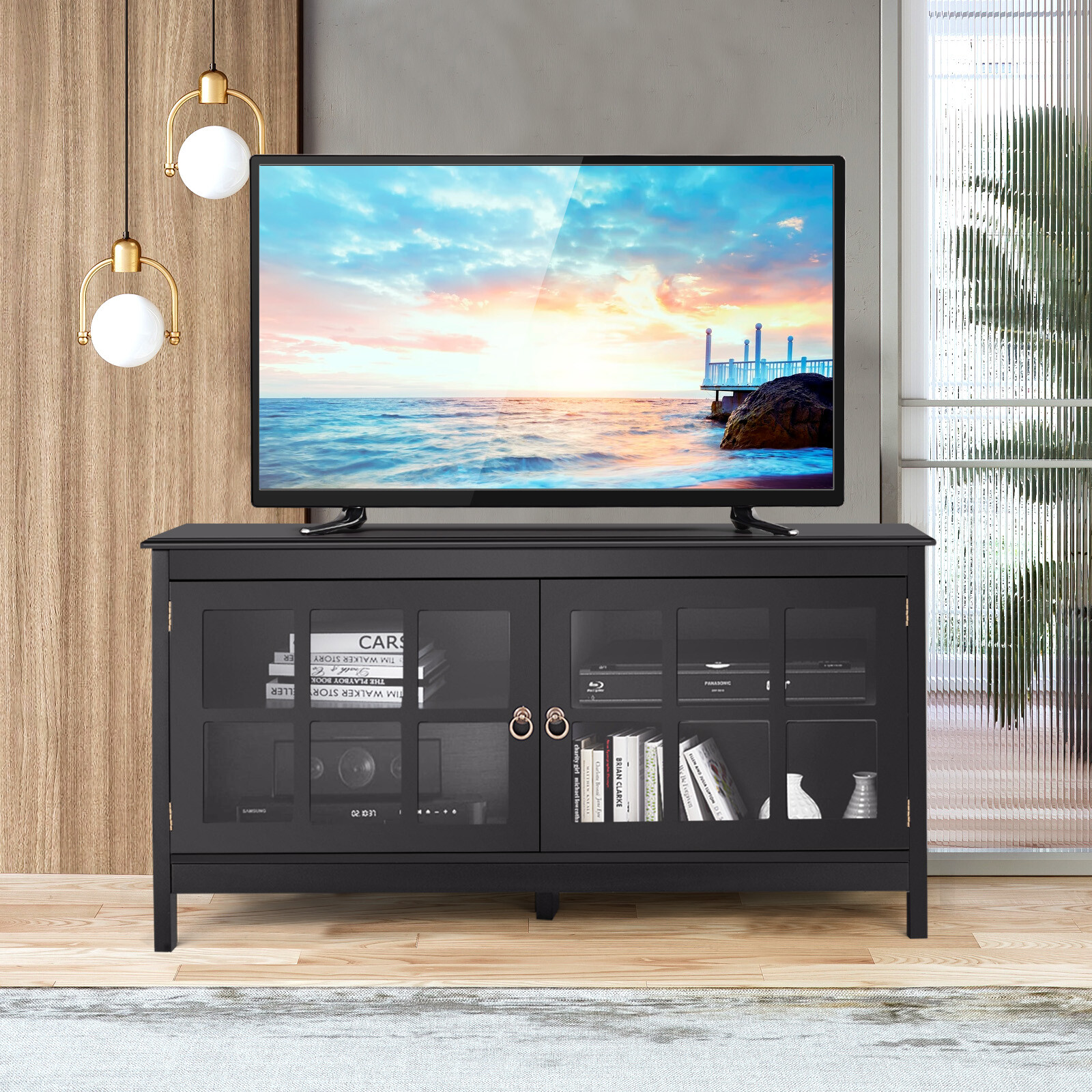 Giantex TV Entertainment Unit Stand Wooden Storage Modern Black eBay