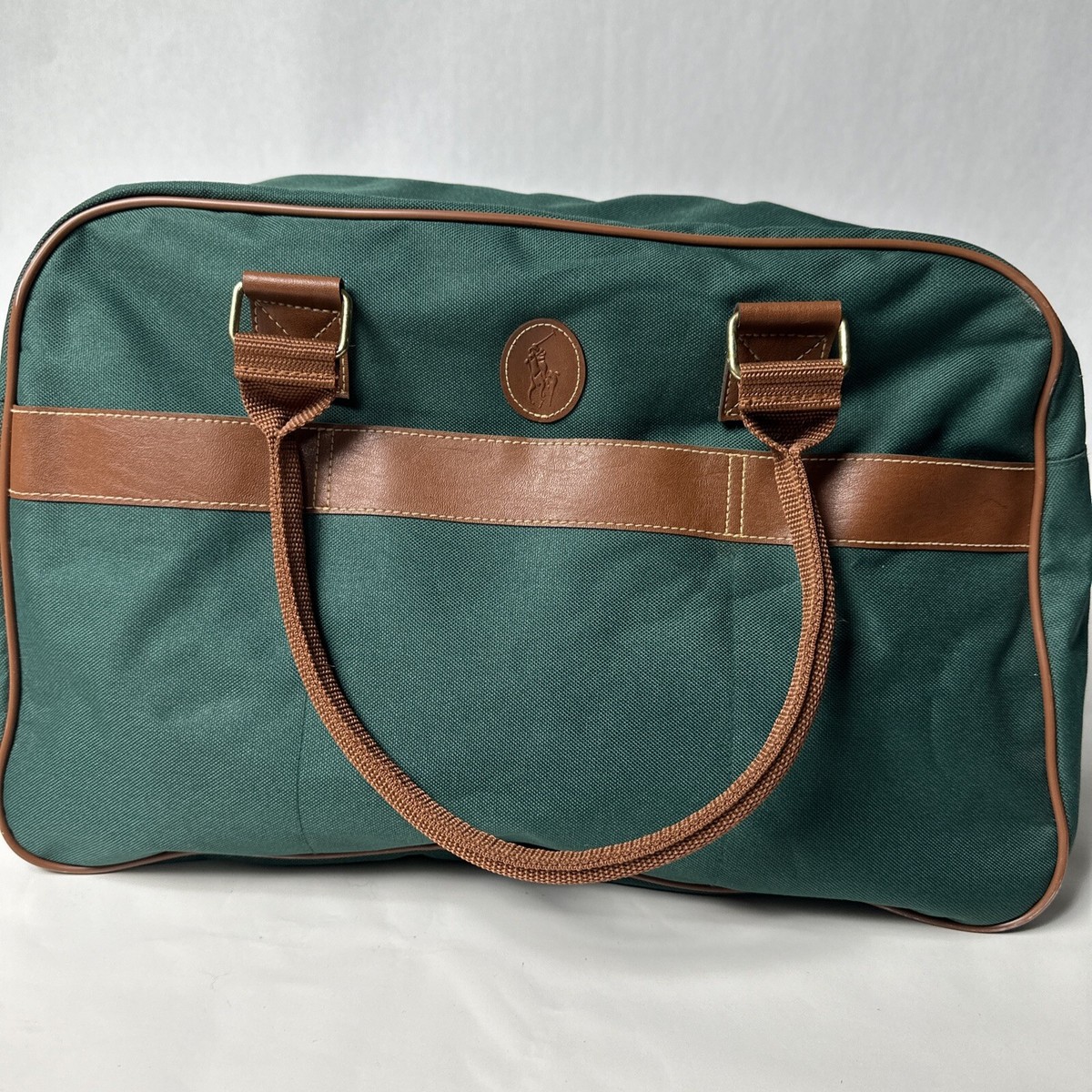 Polo Ralph Lauren Green Canvas Brown Leather Duffle Bag Pony EUC
