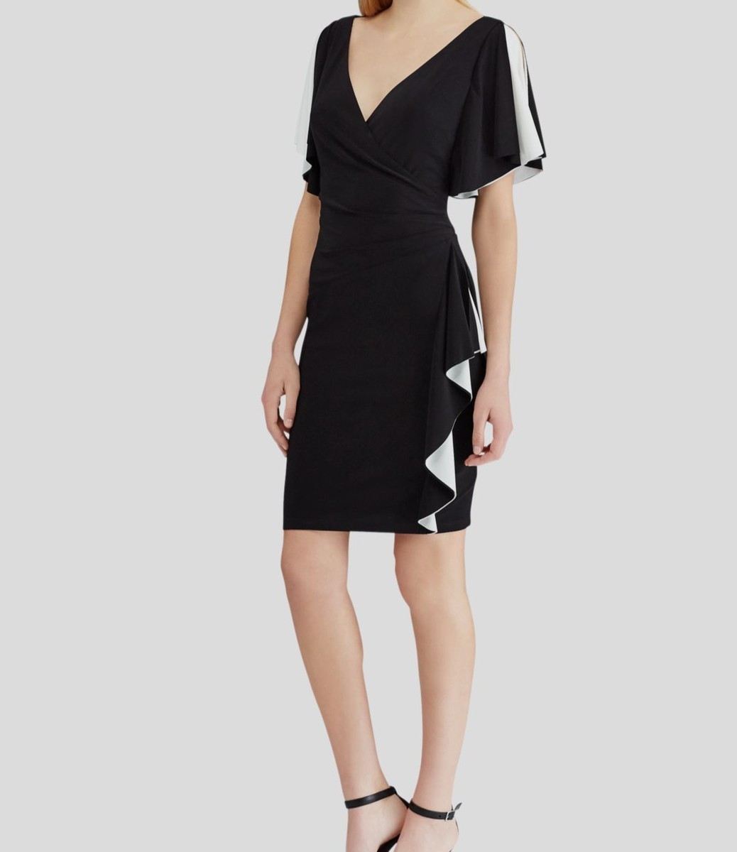 $78 American Living Womens Black Short Sleeve Ruffled V Neck