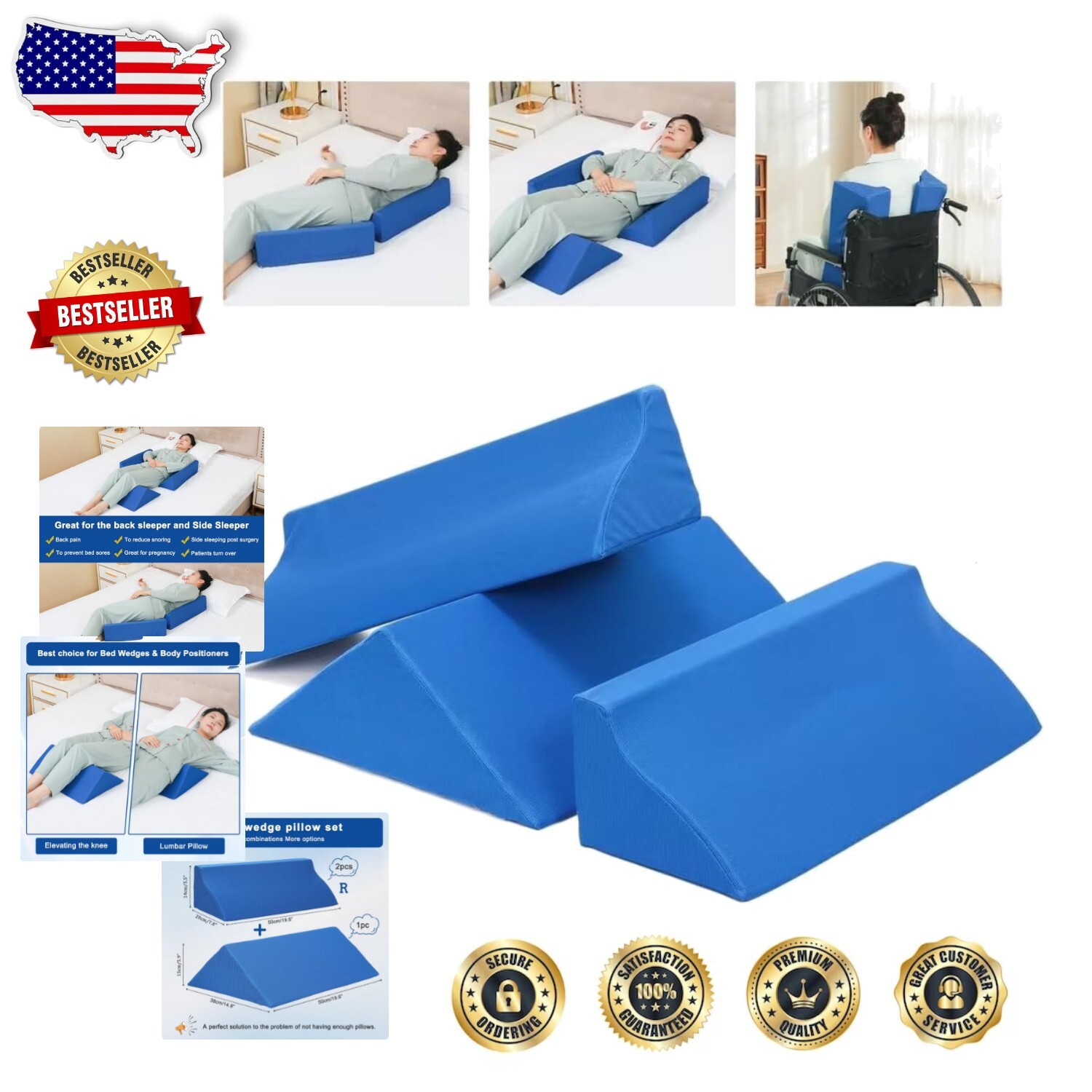 Versatile 3-in-1 Bed Wedge Pillows for Elderly Care, Nursing & Sleeping Support-image