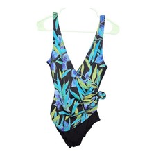 Vintage 90s Longitude Floral Tropical Colorful Metallic One Piece Swimsuit Sz 14