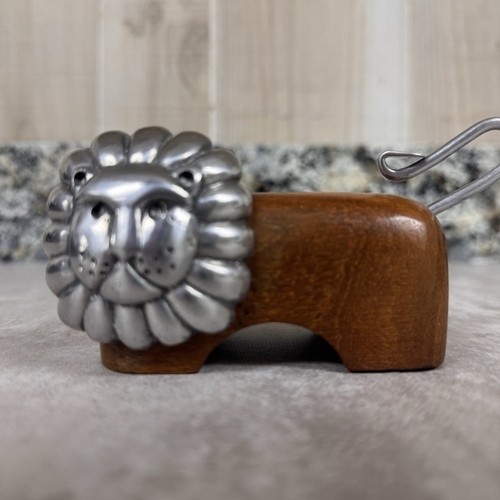 VTG MCM Wood Body Lion Cast Metal Head Tail Unique 70's Figurine Whimsical Dansk
