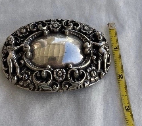 Fibbia cintura donna ovale vintage anni 90 placca argento Cupido Angeli Repousse - Foto 5 di 10