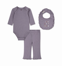 Huggies Babywear Girls Newborn 3pc Purple Ribbed Bodysuit Pants Bib Set