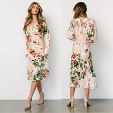 BALTIC BORN Bari Satin Midi Dress Natural Floral Size LARGE