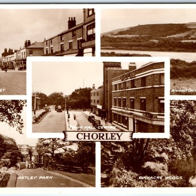 c1930s Chorley, UK RPPC Market Street Town Hall Centre Astley Park Woods A336