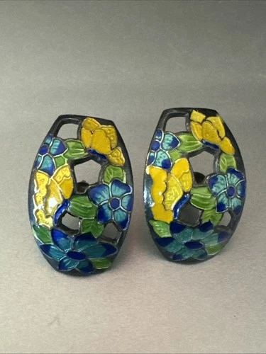Vintage 925 Silver Enamel Earrings Floral Multi Colored