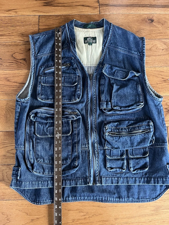 Chaleco de pesca utilitario vintage Field & Stream para exteriores de mezclilla XL azul de varios bolsillos Foto 4 de 4