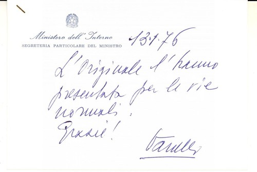 1975 ROMA Biglietto Vinicio VANELLI segretario ministro Interno - Autografo - Picture 1 of 1