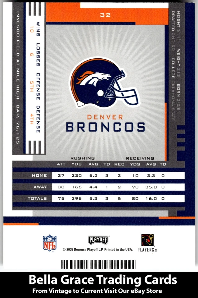 2005 Playoff Contenders Tatum Bell #32 Denver Broncos NFL Football - Image 2 of 2
