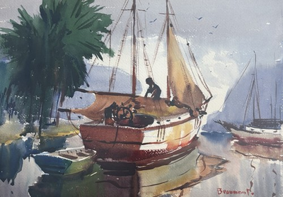#ad ARTHUR BEAUMONT Original Signed Nautical Watercolor LISTED $895.00