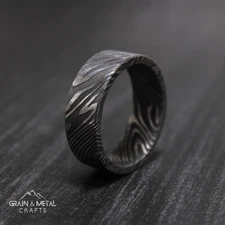 Damascus Steel Flat Ring for Men Wedding Band, Unique Anniversary Ring