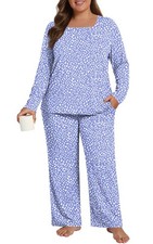 Womens 2 Piece Long Sleeve Rayon Pajama Set with Pockets Medium Spot Blue
