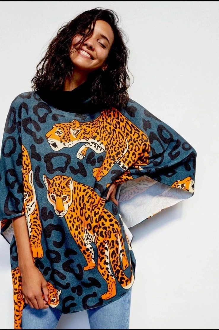New Anthropologie Conditions Apply Leopard Pullover Top Poncho Fits Size XS -XL