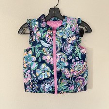 Lilly Pulitzer Puffer Vest Girls Large 8-10 Pink Navy Reversible Down Floral