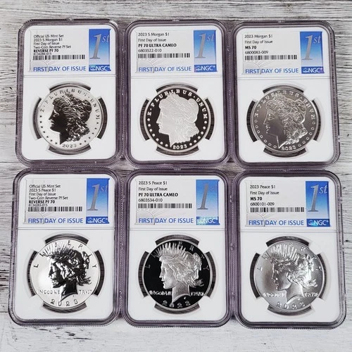 6 coin set 2023 Morgan Peace US Silver Dollars ngc ms pf rp 70 first day