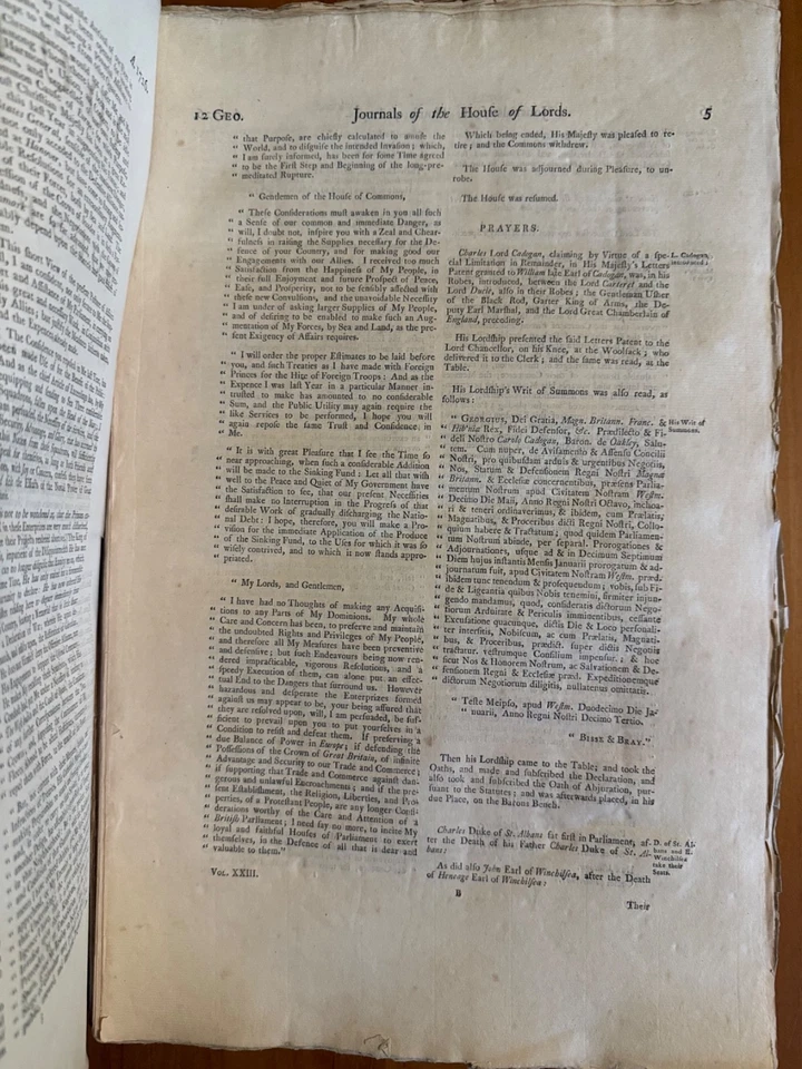 1726 Journals of the House of Lords Vol. XXIII - Unbound Large Folio, Antique - Image 4 of 4