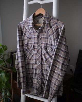 Vintage Western Pearl Snap Shirt Plainsman Men's L 16-16.5 Plaid Long Sleeve