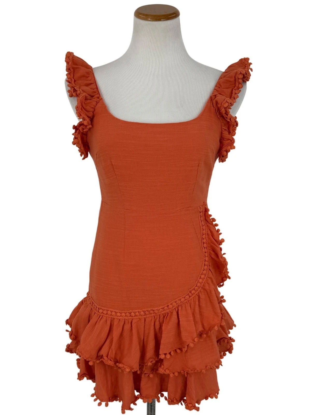 PALM ANGELS Selfie Leslie mini abito da festa in cotone a strati arancione all'uncinetto con volant