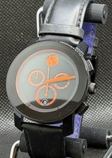 Movado Bold Chronograph 3600232 Black Dial Orange Accents Leather Strap