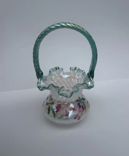 Fenton 90th Anniversary Hand Painted Opalescent Iridescent Glass Basket Signed