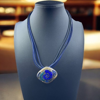 Chicos Blue Mosaic Pendant Necklace 20 Inch Boho Artistic Statement Rope Cord