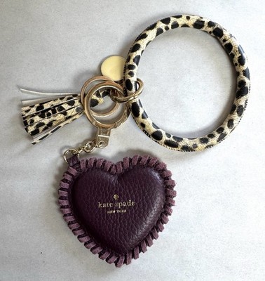Used Kate Spade Burgundy Leather Heart Key Fob Charm w/ Leopard Bangle Wristlet